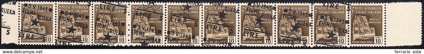 OCC. JUGOSLAVA FIUME 1945 - 5 Lire Su 10 Cent., Soprastampa Obliqua, Striscia Di 10, Il Primo Esempl... - Other & Unclassified