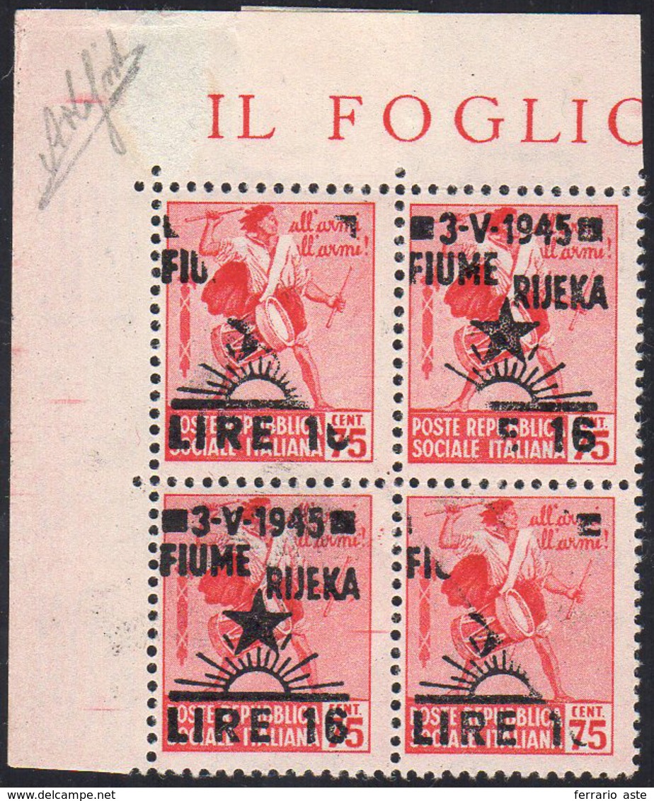 OCC. JUGOSLAVA FIUME 1945 - 16 L. Su 75 Cent., Blocco Di Quattro, Tre Francobolli Con Soprastampa Pa... - Autres & Non Classés