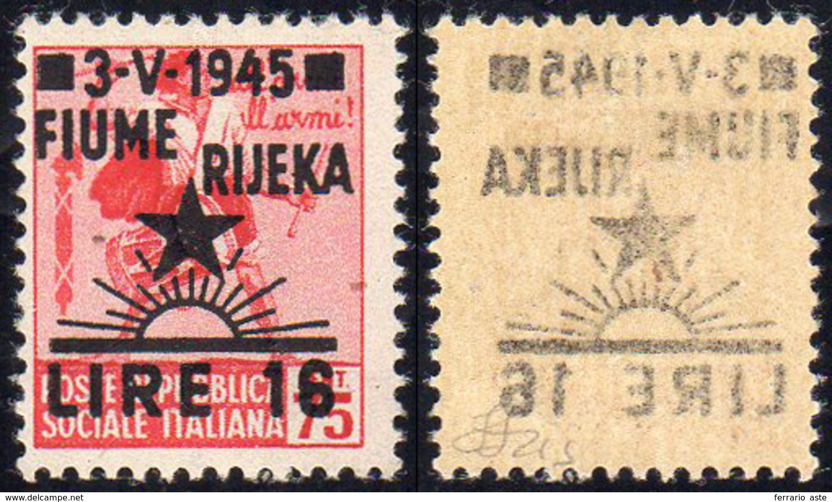 OCC. JUGOSLAVA FIUME 1945 - 16 Lire Su 75c. Senza Filigrana, Decalco Della Soprastampa (21s), Gomma ... - Otros & Sin Clasificación