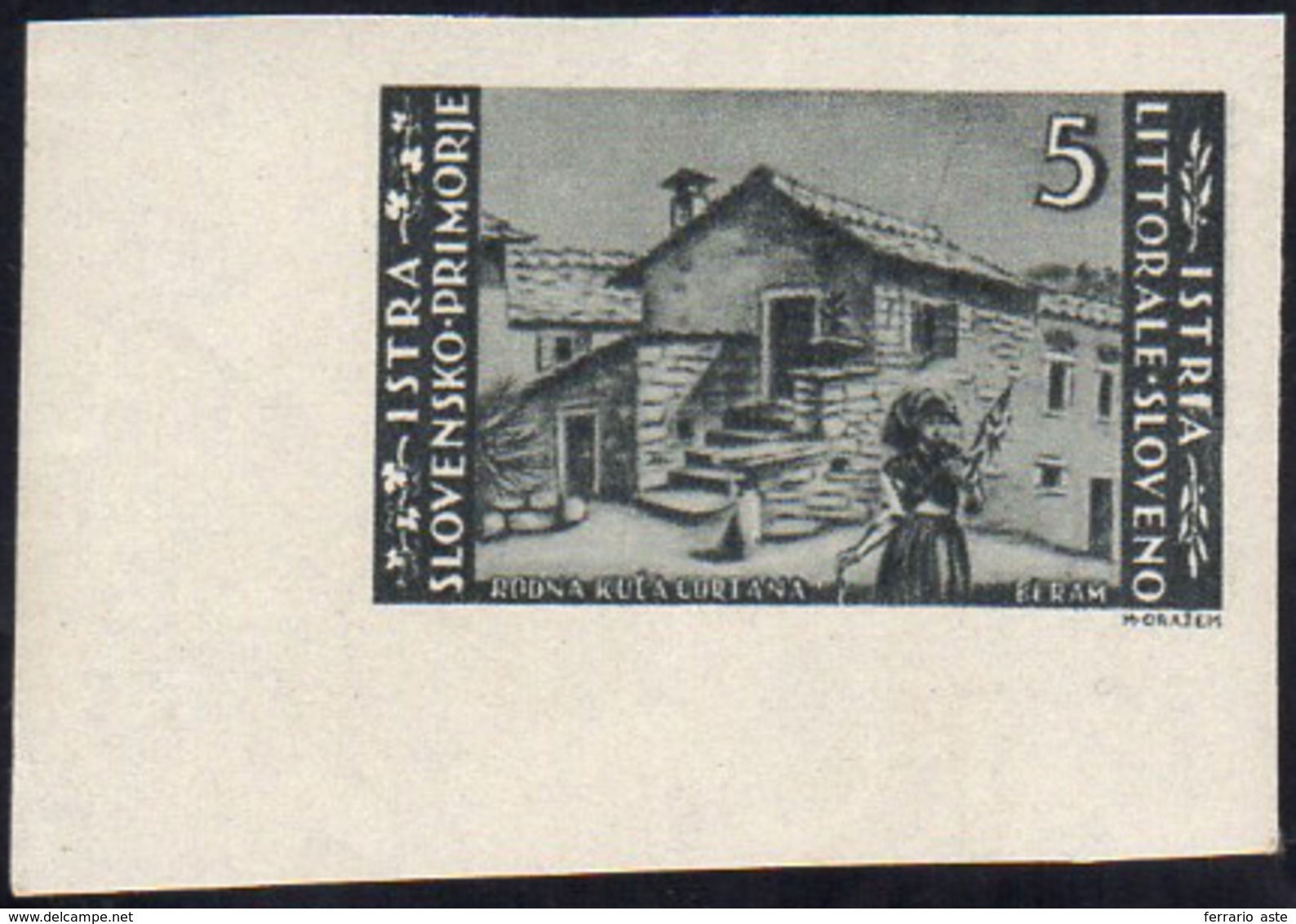 LITORALE SLOVENO 1946 - 5 Lire, Tiratura Di Zagabria, Non Dentellato (57a) Angolo Di Foglio, Gomma O... - Autres & Non Classés