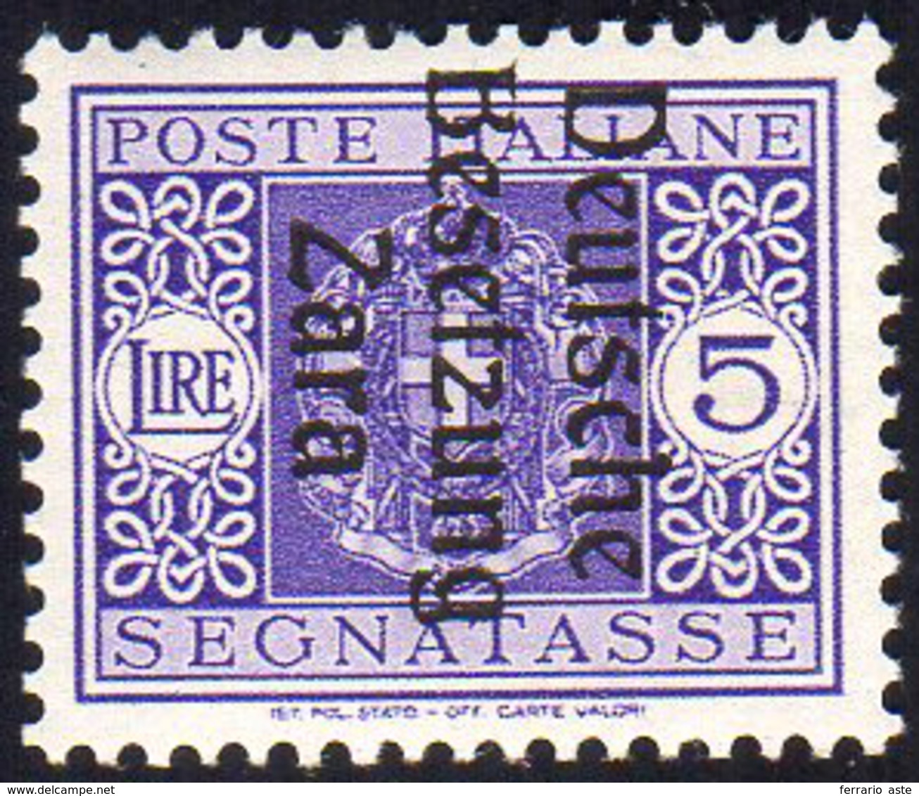 OCC. TEDESCA ZARA SEGNATASSE 1945 - 5 Lire, Errore Tipografico "B" Tagliata In Alto (11f), Gomma Int... - Sonstige & Ohne Zuordnung