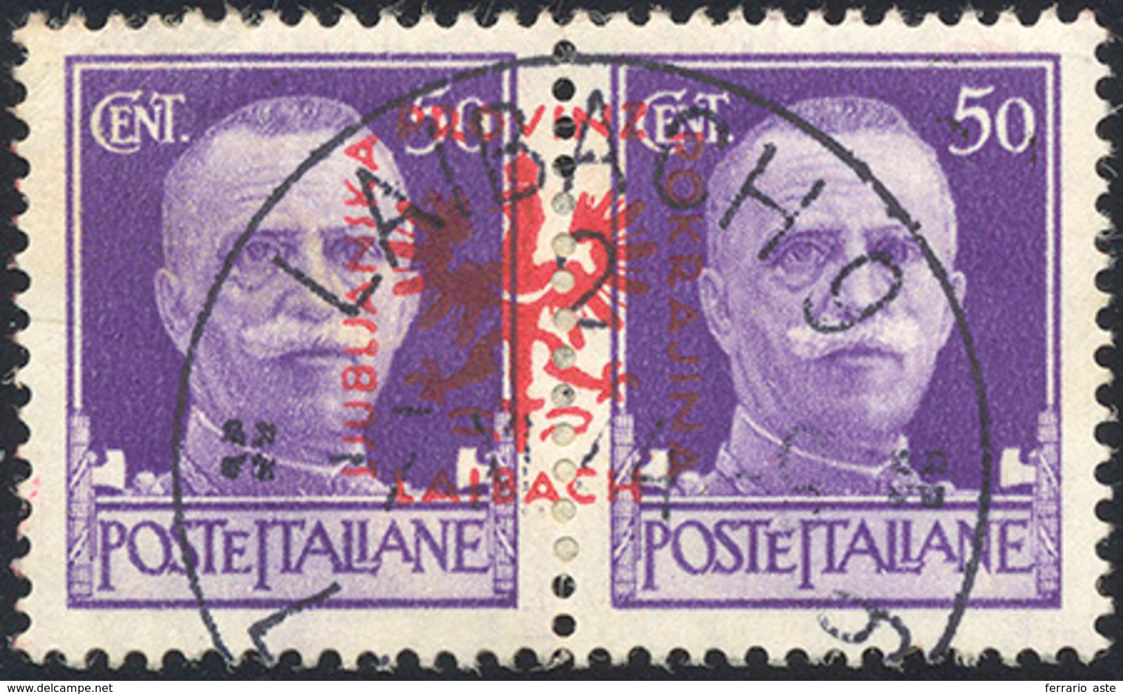 OCC. TEDESCA LUBIANA 1944 - 50 Cent. Coppia Con Soprastampa Al Centro (19A), Usata, Perfetta. Rarità... - Otros & Sin Clasificación