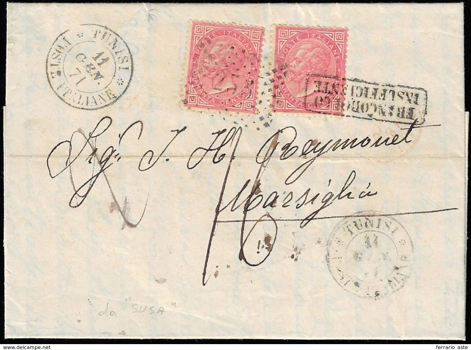 TUNISI 1871 - 40 Cent. De La Rue (T20), Due Esemplari, Perfetti Su Lettera Da Tunisi 11/1/1871 Per L... - General Issues