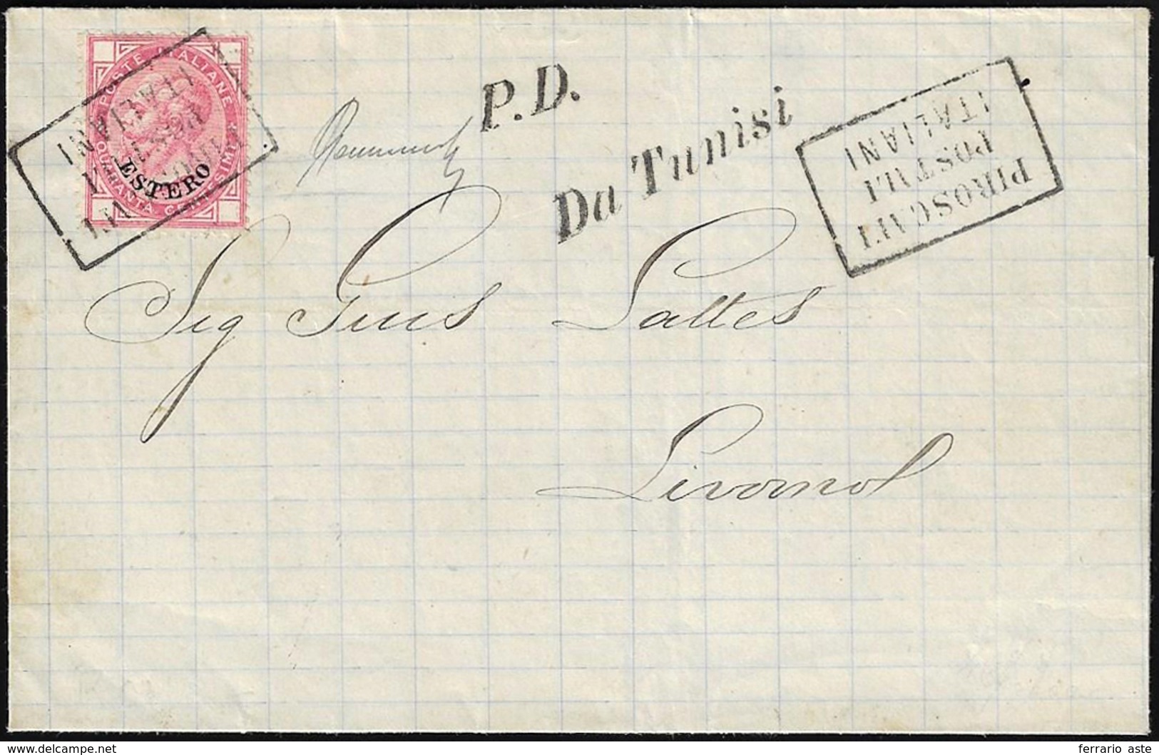 TUNISI 1874 - 40 Cent. Soprastampato (7), Perfetto, Su Sovracoperta Di Lettera Da Tunisi 1/9/1874 A ... - General Issues