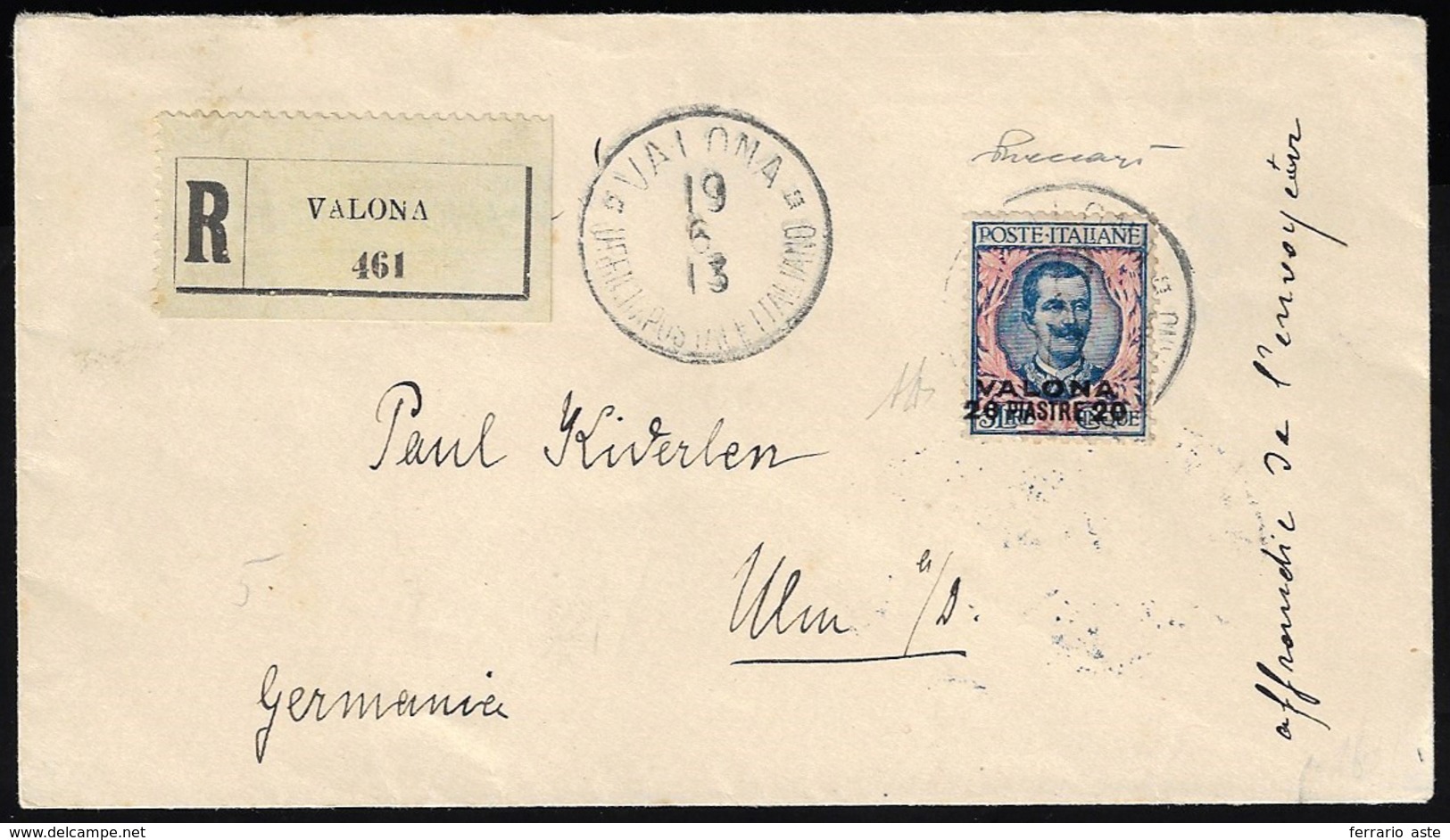 VALONA 1913 - 20 Piastre Su 5 Lire Azzurro E Rosa (7), Perfetto, Isolato Su Raccomandata Da Valona 1... - Emisiones Generales