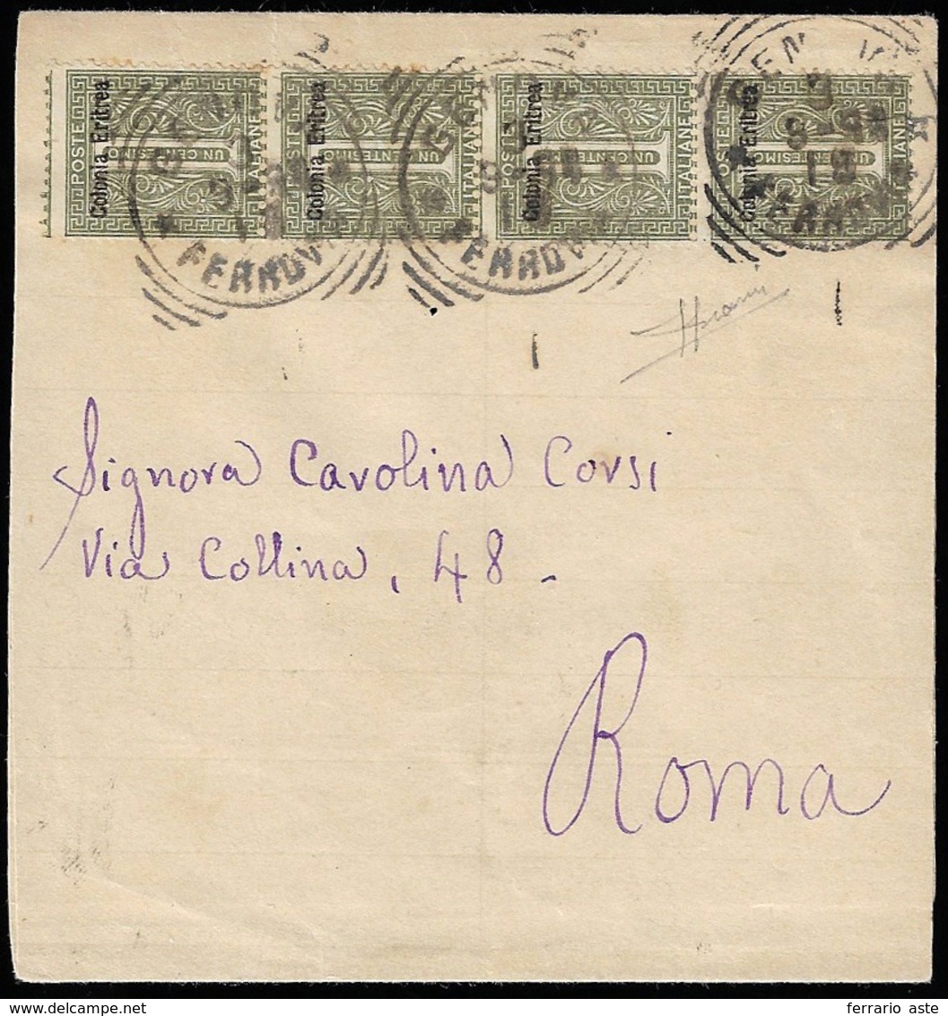 1894 - 1 Cent. De La Rue (1), Striscia Di Quattro, Un Esemplare Con Lieve Difetto, Su Fascetta Per S... - Eritrea