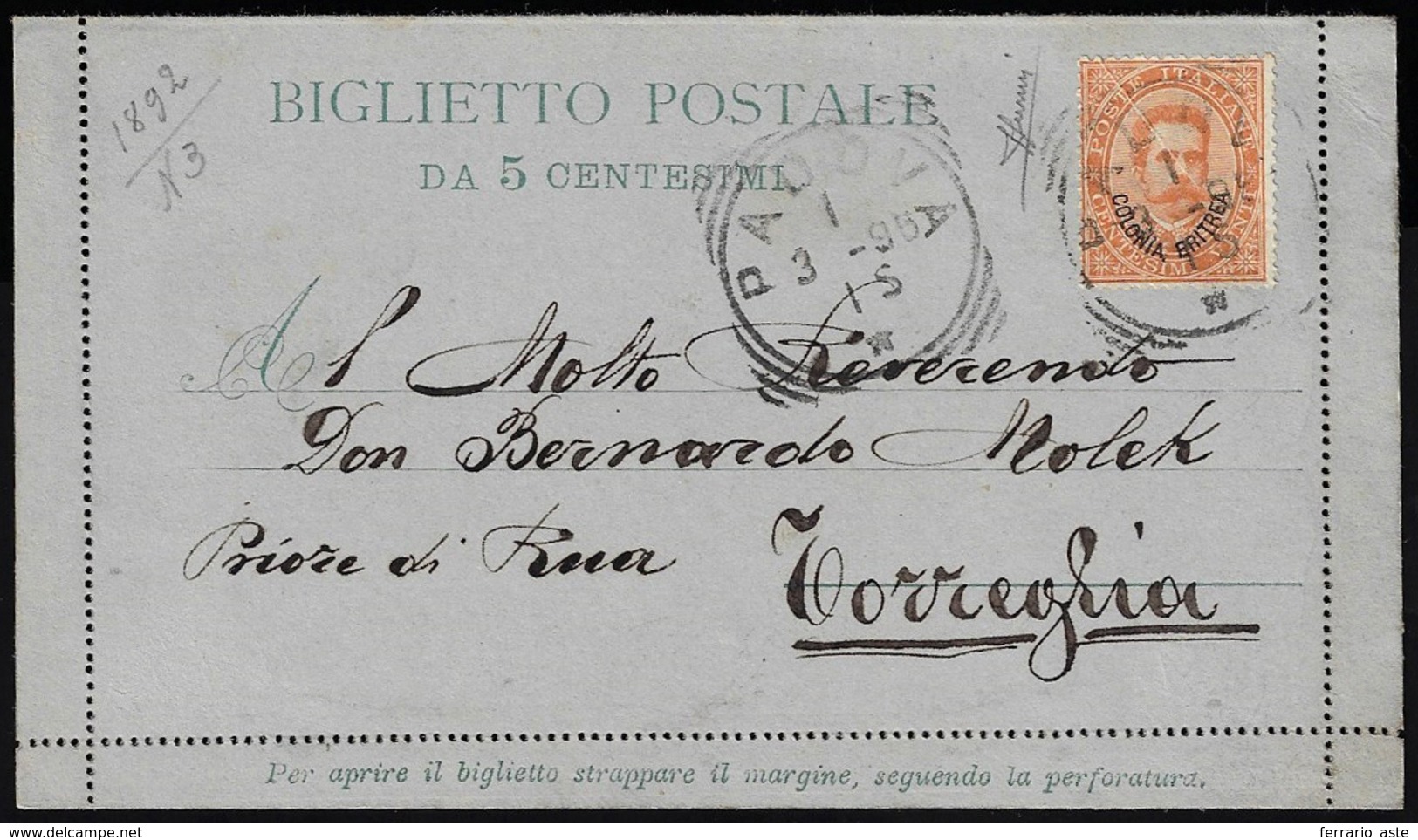 1896 - 20 Cent. Umberto I (5), Piega, Su Biglietto Postale D'Italia Da 5 Cent. Da Padova 1/3/1896 A ... - Eritrea