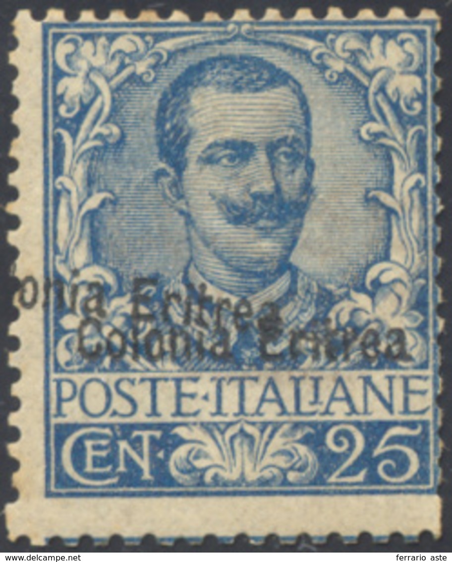 1903 - 25 Cent. Azzurro, Doppia Soprastampa Di Cui Una Obliqua (24d), Perfetto, Gomma Originale. Emi... - Erythrée