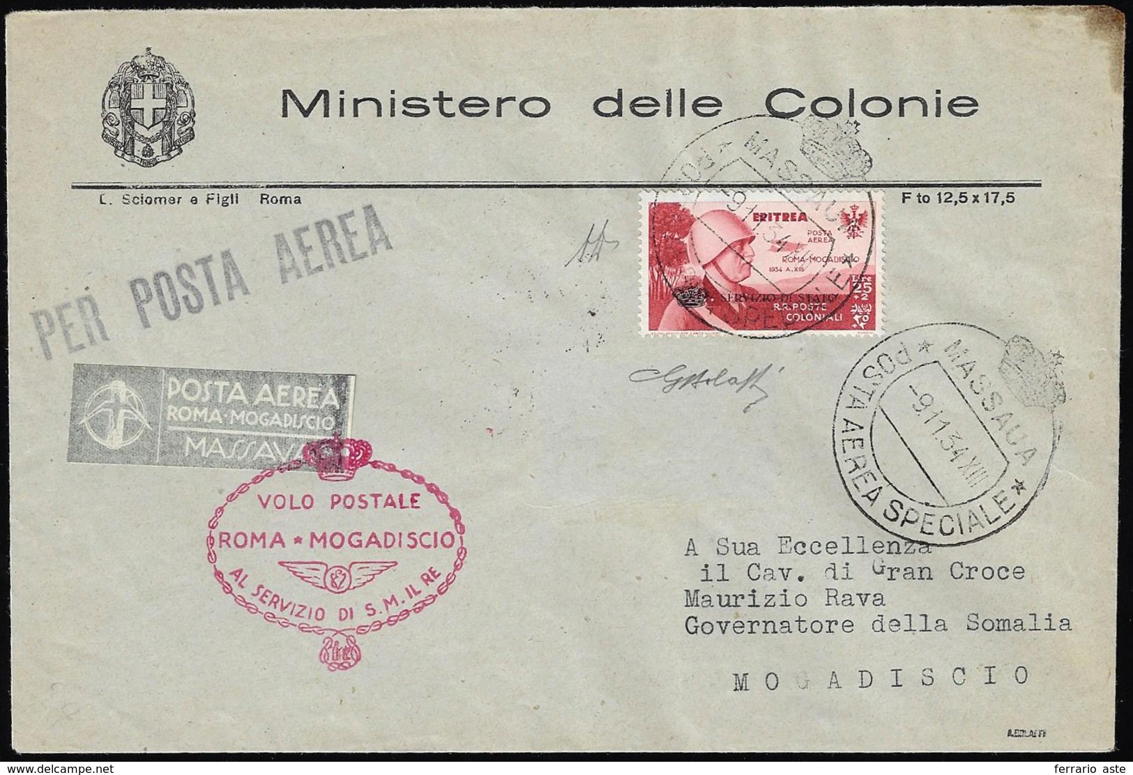 SERVIZIO AEREO 1934 - 25 + 2 Lire Coroncina (1), Perfetto, Su  Aerogramma, Con Timbri Postumi Come S... - Eritrea