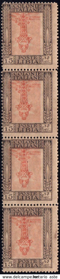 1921 - 15 Cent. Pittorica, Filigrana Corona, Centro Capovolto (25c), Striscia Di Quattro, Gomma Inte... - Libya