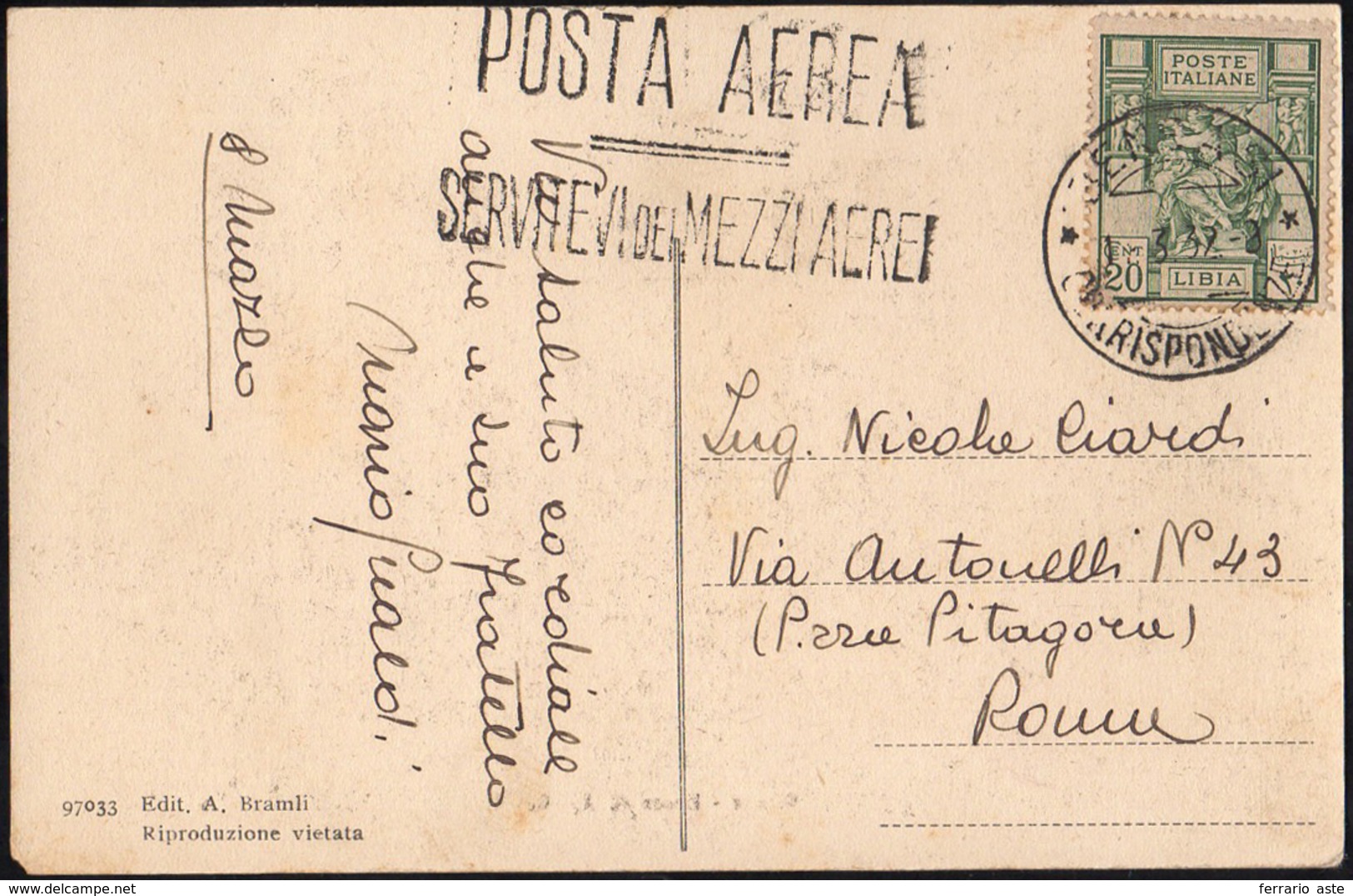 1932 - 20 Cent. Sibilla, Dent. 14 (40), Perfetto, Isolato Su Cartolina Da Bengasi 18/3/1932 A Roma, ... - Libia