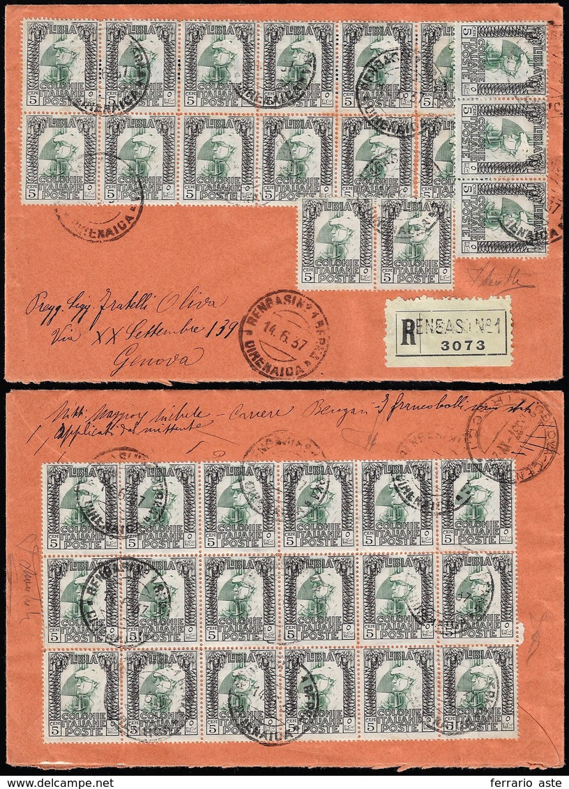 1936 - 5 Cent. Pittorica, Dent. 13 1/4 X 14, 35 Esemplari Al Recto/verso Di Busta Raccomandata Da Be... - Libye