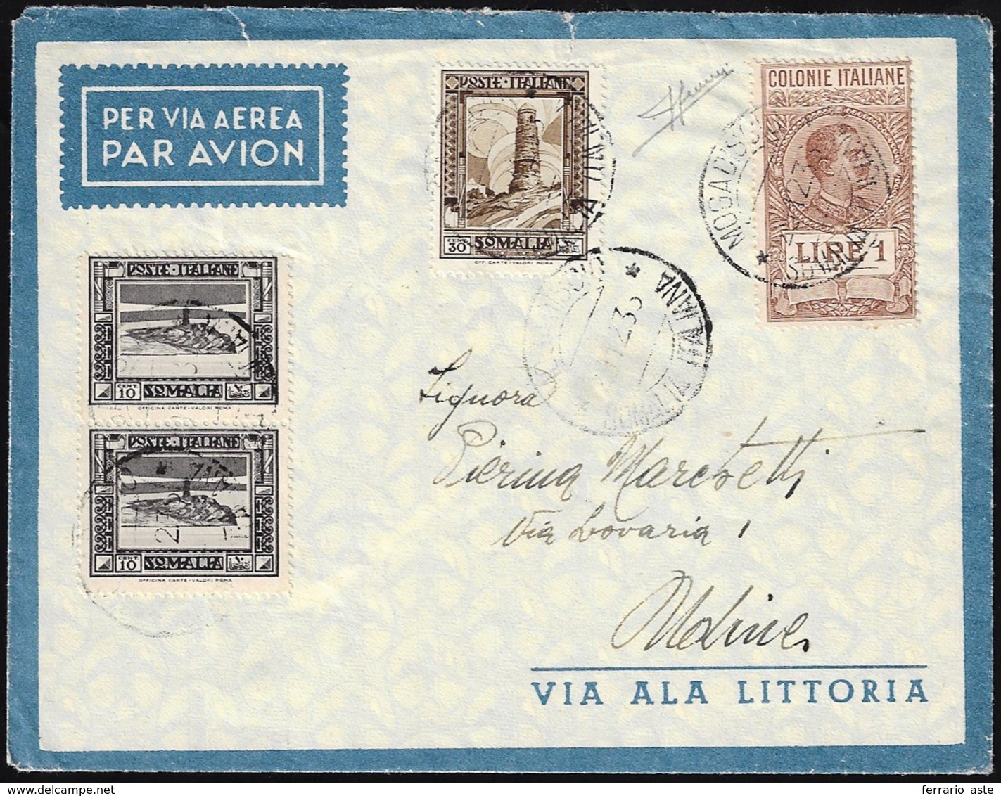 1936 - 10 Cent., 30 Cent., Coppia, Pittorica, Dent. 14 (215,219), In Affrancatura Mista Con 1 Lira M... - Somalia