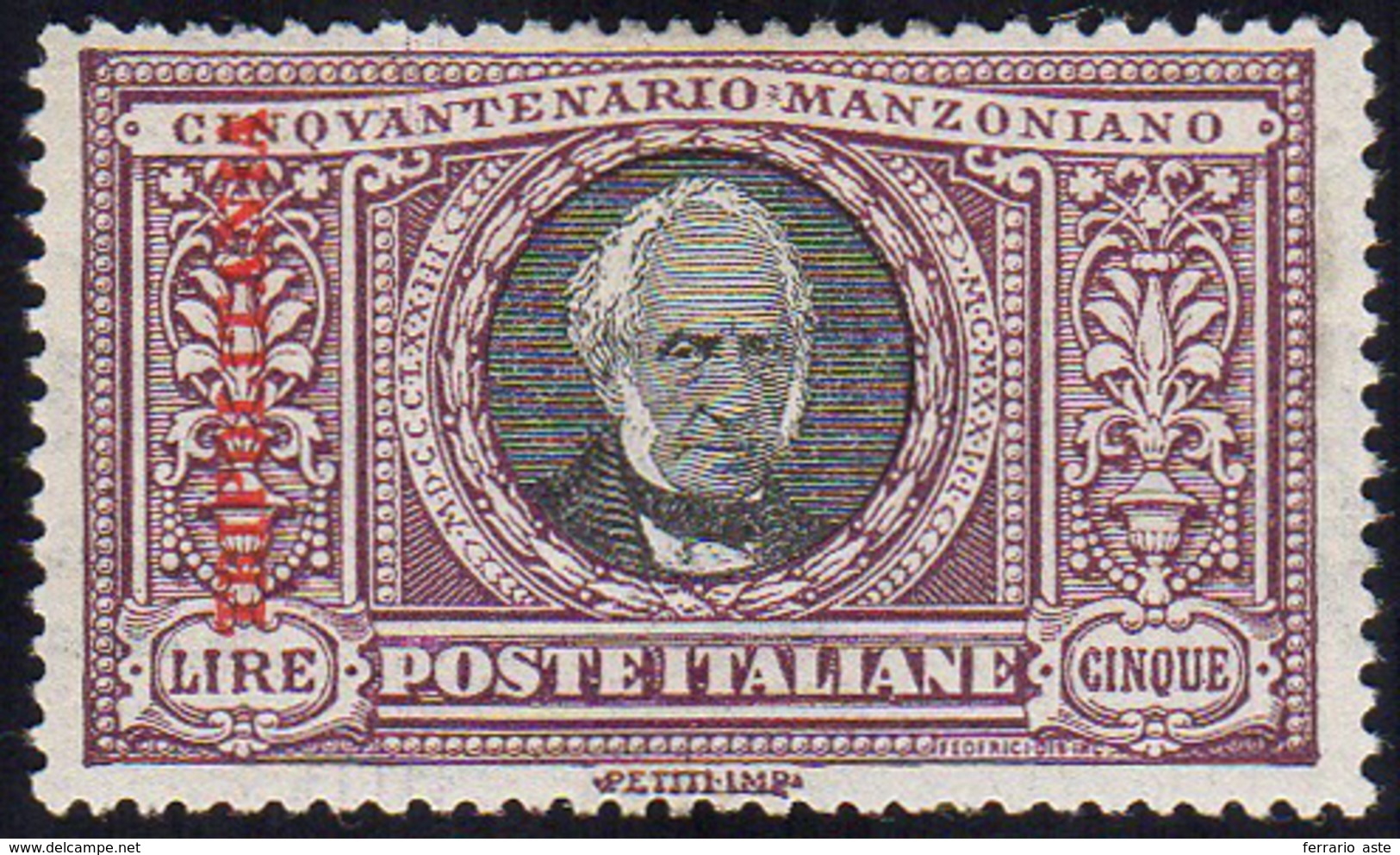 1924 - 5 Lire Manzoni (16), Buona/ottima Centratura, Gomma Integra, Perfetto. Cert. Raybaudi.... - Tripolitania