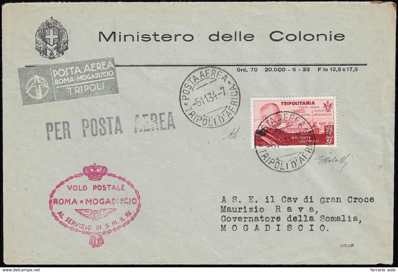 SERVIZIO AEREO 1934 - 25 + 2 Lire Coroncina (1), Perfetto, Su Aerogramma Viaggiato Da Tripoli 5/11/1... - Tripolitania