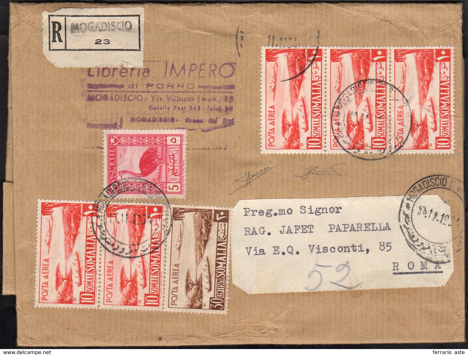 SOMALIA AFIS POSTA AEREA 1954 - 10 S. Arancio, Striscia Di Tre E Coppia, 30 Cent. Bruno E 5 Cent. Ro... - Other & Unclassified