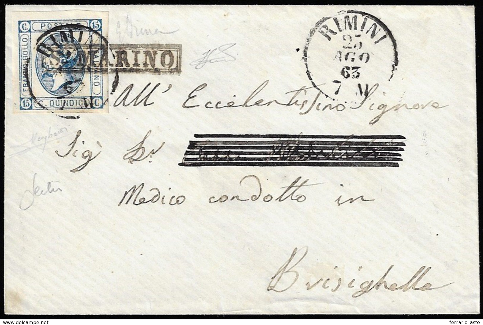 1863 - 15 Cent. Litografico, II Tipo (A10), Perfetto, Su Busta Da San Marino 23/8/1863, Lineare In C... - Other & Unclassified