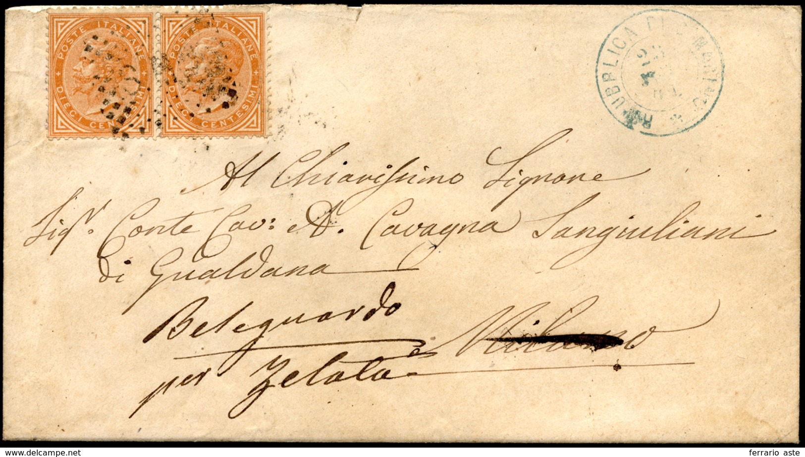 1871 - 10 Cent. De La Rue, Tiratura Di Londra (F4L), Coppia Perfetta, Su Busta Da San Marino 23/11/1... - Other & Unclassified