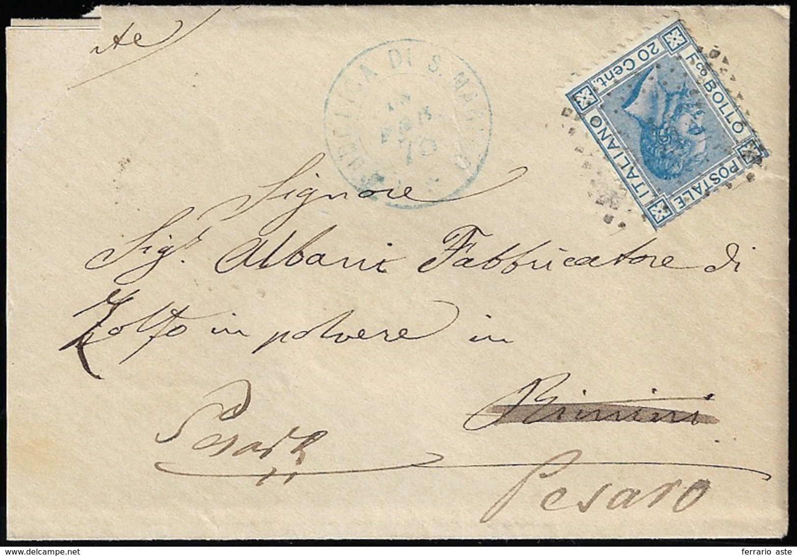 1873 - 20 Cent. Azzurro (F11T), Perfetto, Su Busta Da San Marino 15/2/1875, Doppio Cerchio Azzurro E... - Autres & Non Classés