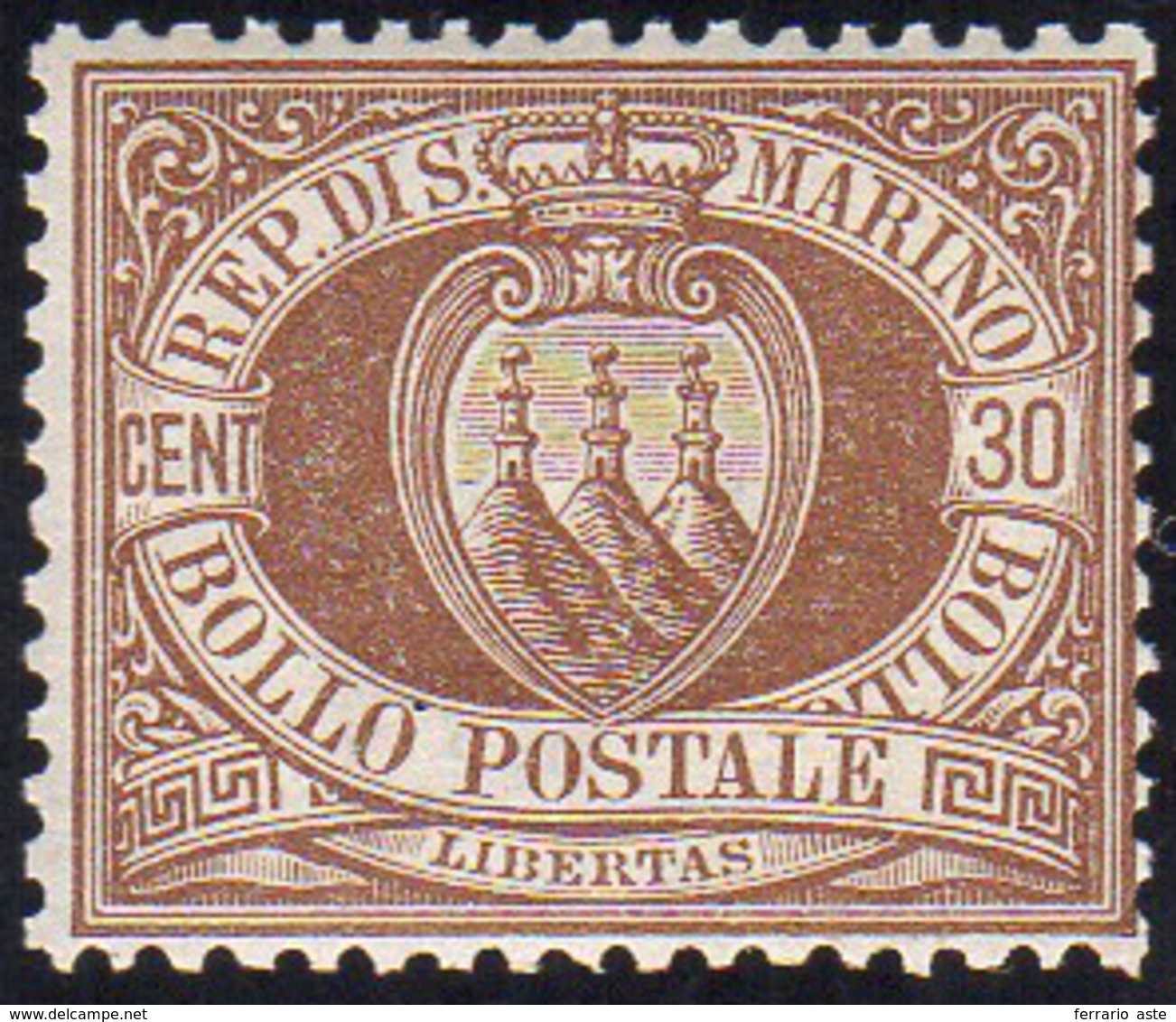 1877 - 30 Cent. Stemma (6), Buona/ottima Centratura, Gomma Integra, Perfetto. G.Bolaffi, Cert. Ferra... - Autres & Non Classés