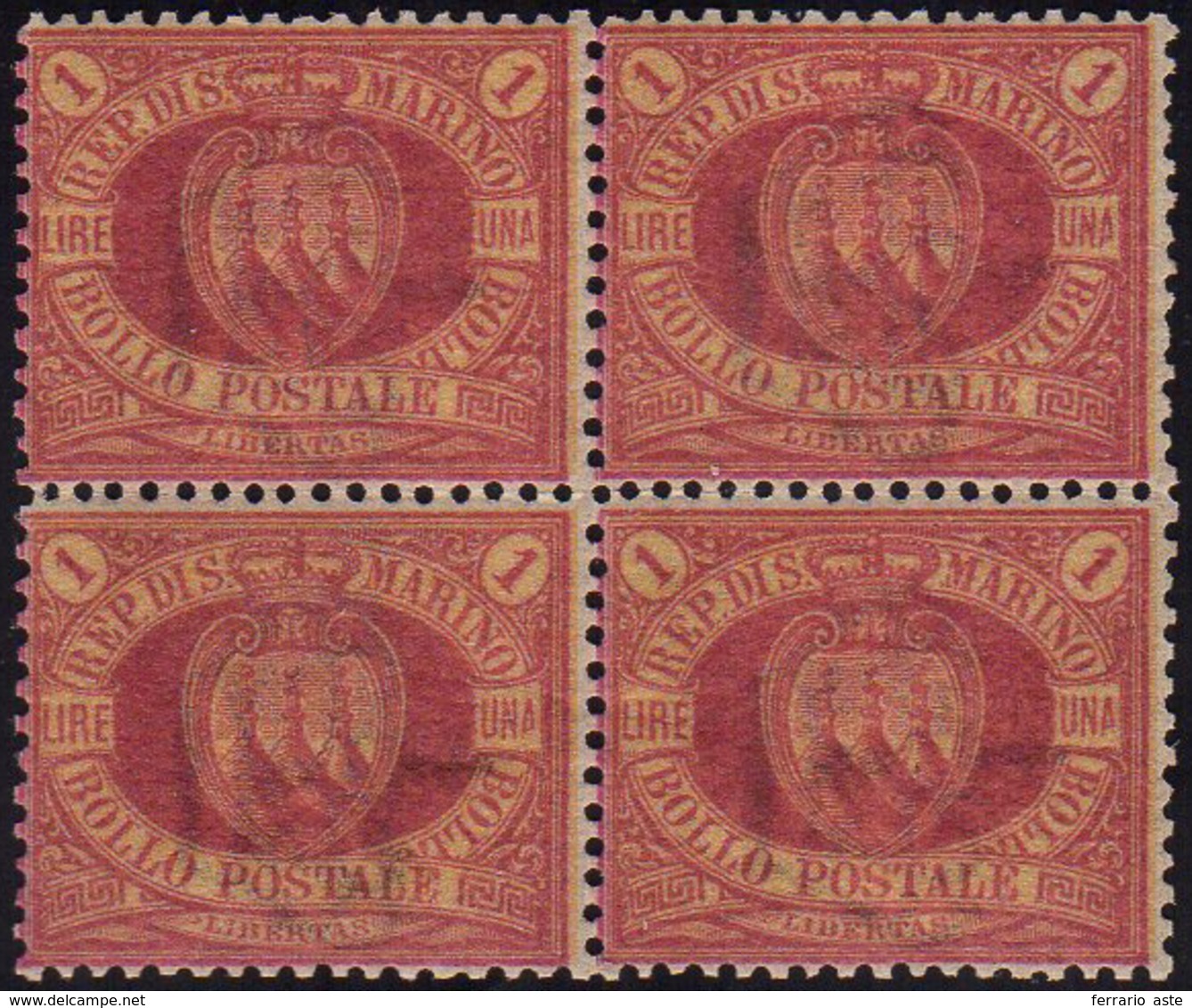 1892 - 1 Lira Carminio Su Giallo Stemma(20), Blocco Di Quattro, Discreta Centratura, Gomma Integra, ... - Otros & Sin Clasificación