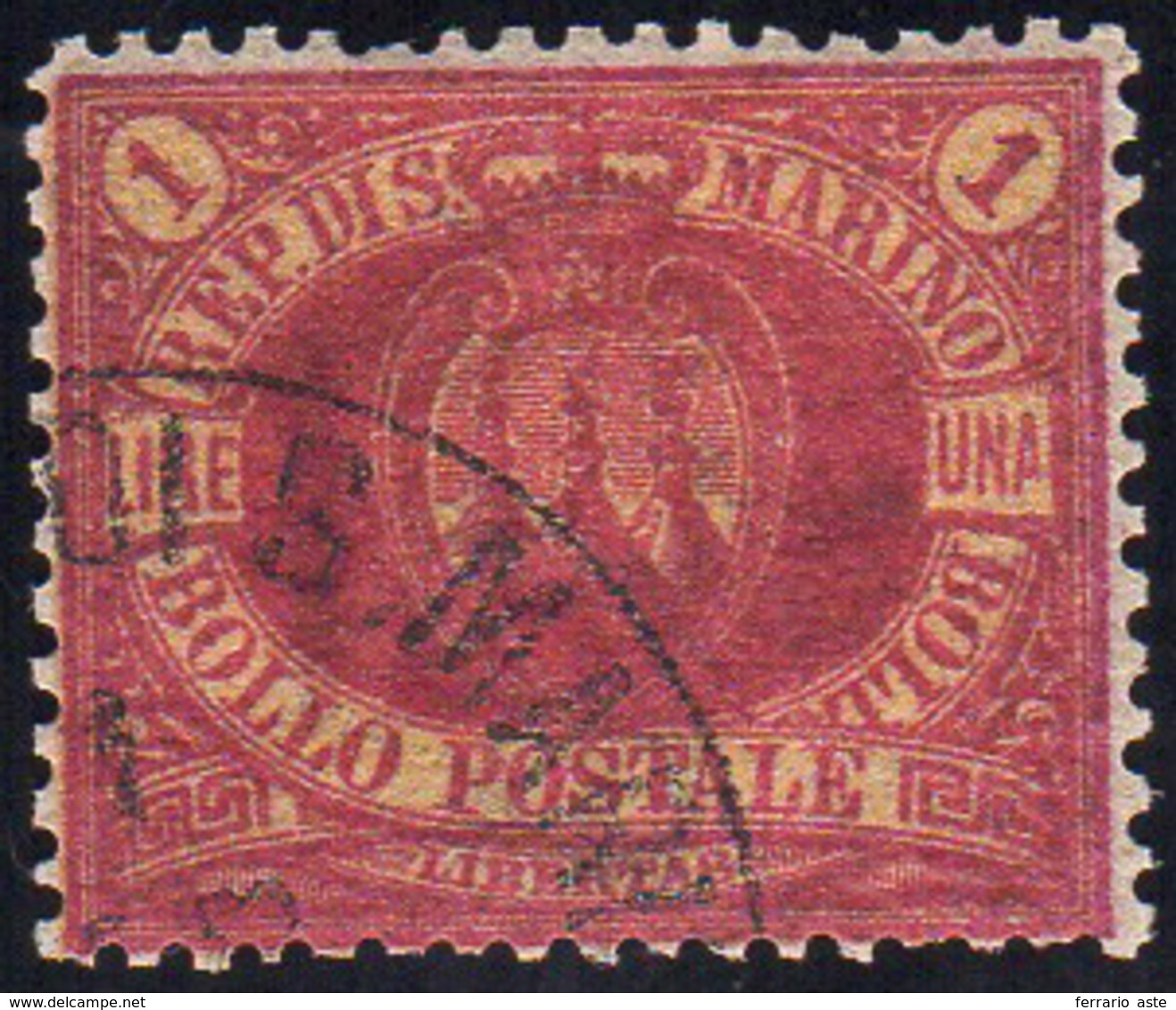 1892 - 1 Lira Carminio Su Giallo Stemma (20), Usato, Perfetto. Cert. A. Ed E.Diena.... - Autres & Non Classés