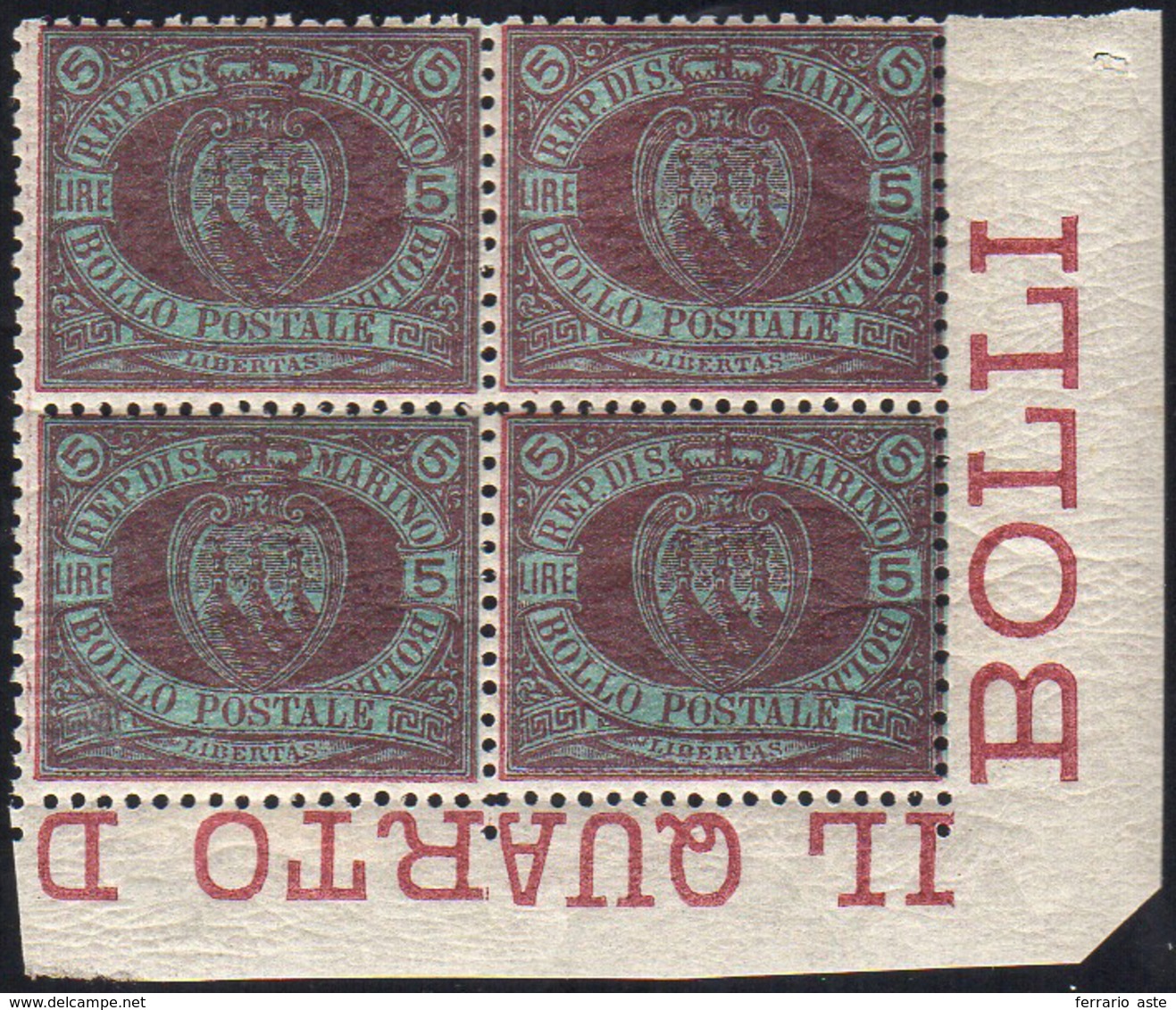 1894 - 5 Lire Stemma (22), Blocco Di Quattro, Angolo Di Foglio, Due Esemplari Con Ottima Centratura,... - Andere & Zonder Classificatie
