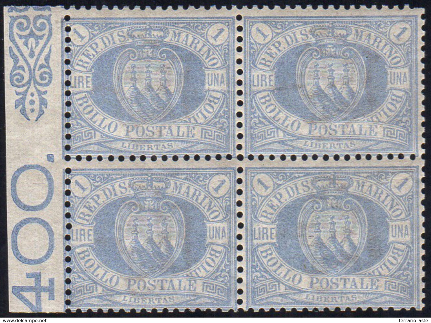 1894 -1 Lira Oltremare Stemma (31), Discreta Centratura, Blocco Di Quattro, Bordo Di Foglio, Gomma I... - Otros & Sin Clasificación