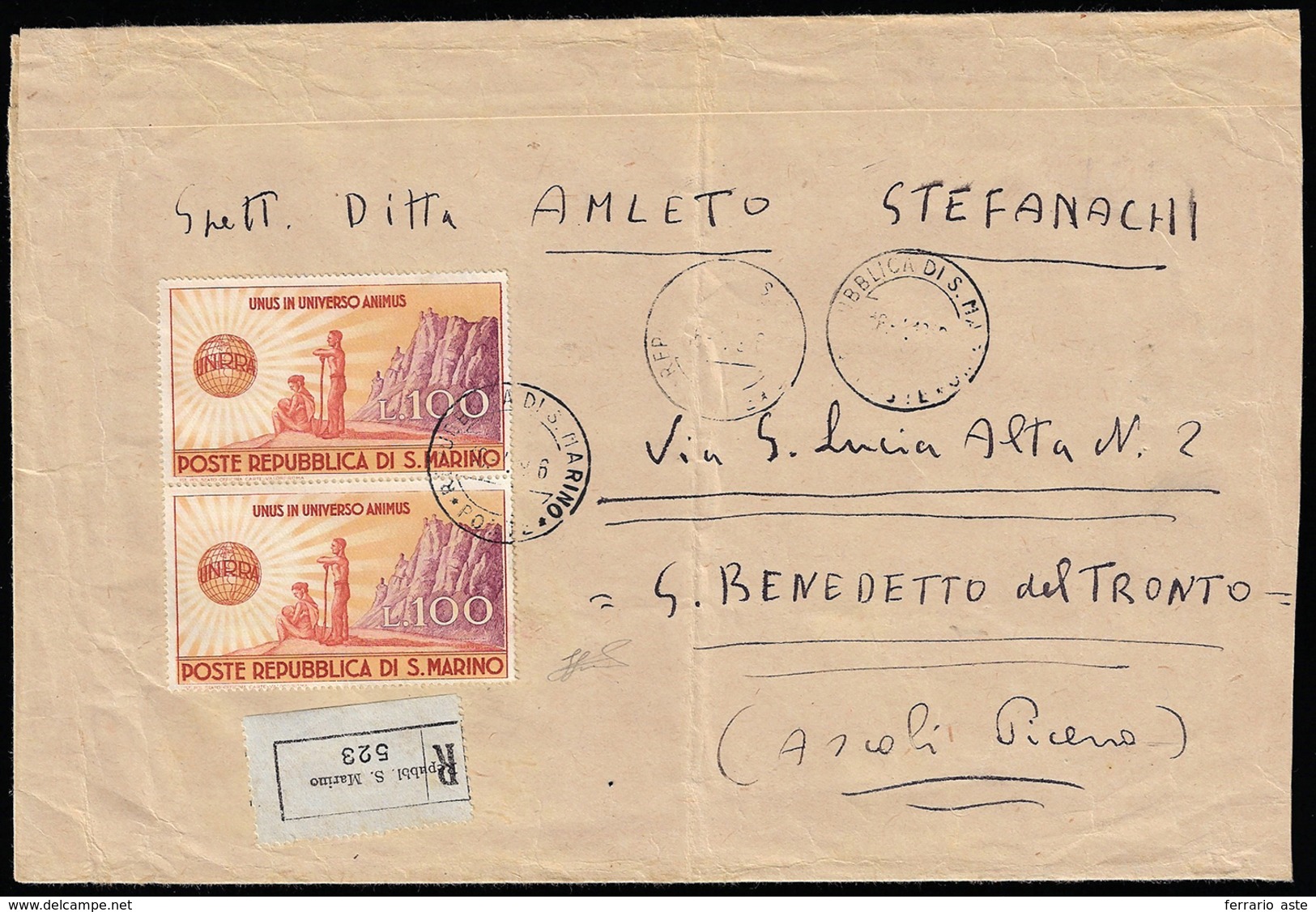 1946 - 100 Lire UNRRA (296), Coppia, Perfetta, Su Busta Raccomandata Da San Marino A S. Benedetto De... - Autres & Non Classés