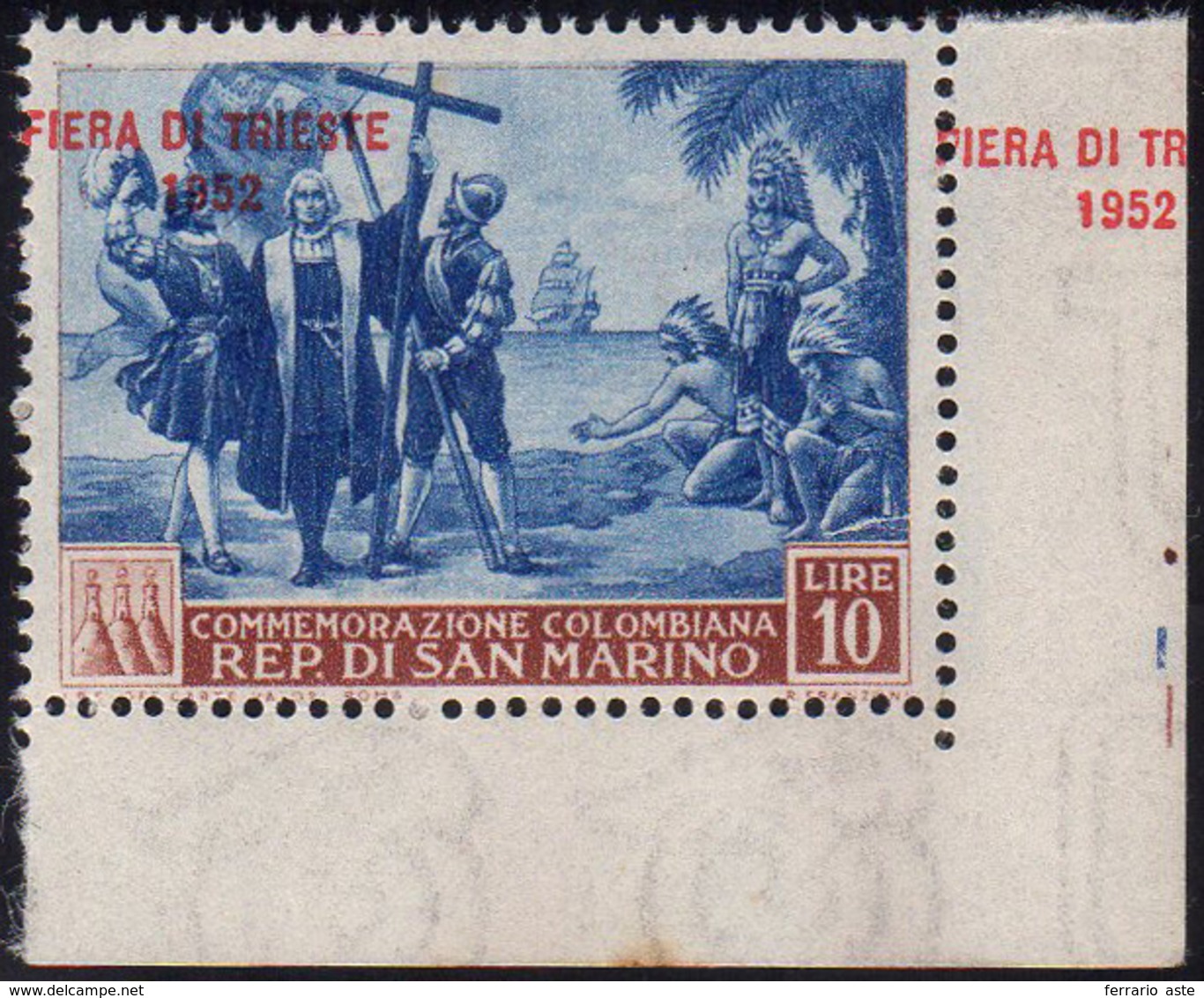 1952 - 10 Lire Fiera Di Trieste, Soprastampa Spostata A Destra E Ripetuta Sul Margine (389ca), Angol... - Autres & Non Classés