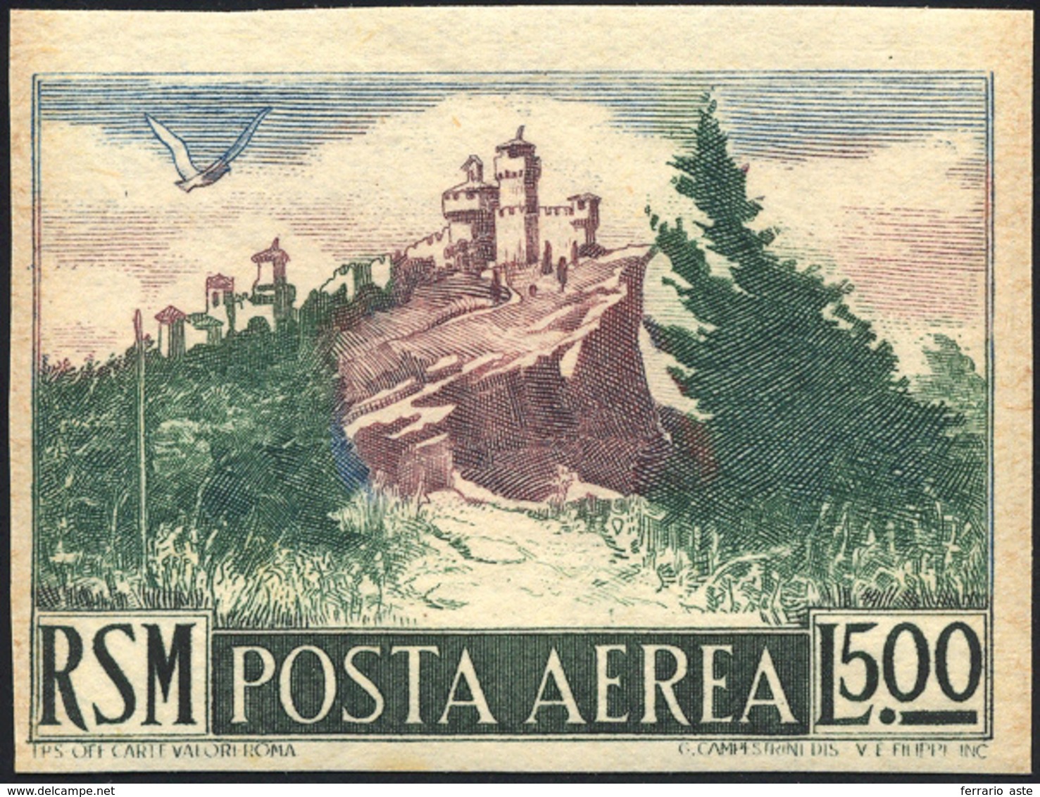1950 - 500 Lire Vedute, Non Dentellato (91b), Gomma Integra, Perfetto. Raro. Ferrario.... - Airmail