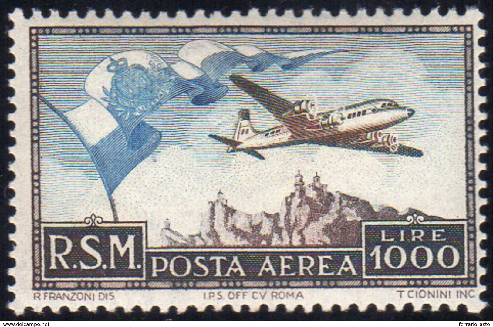 1951 - 1.000 Lire Bandierone (99), Gomma Integra, Perfetto. Ferrario.... - Airmail