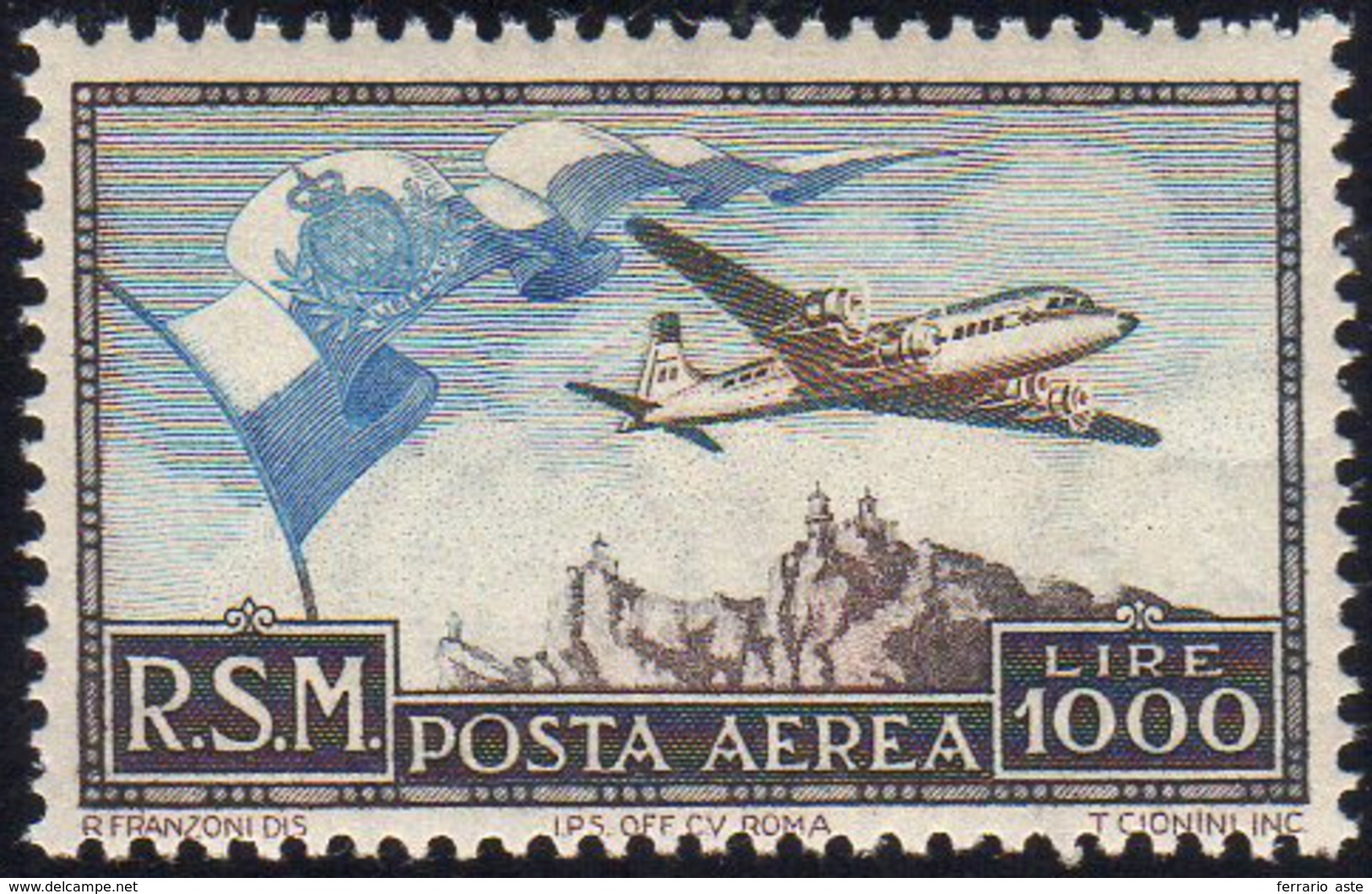 1951 - 1.000 Lire Bandierone (99), Gomma Integra, Perfetto. Raybaudi.... - Airmail