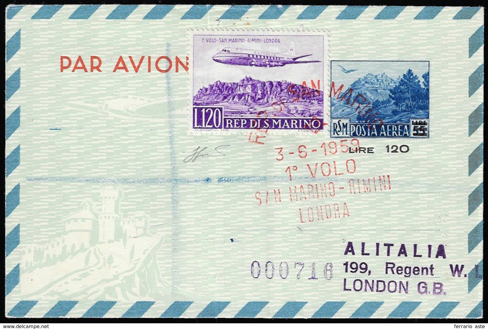 1959 - 120 Lire Volo San Marino - Rimini - Londra (128), Ad Integrazione Di Aerogramma Soprastampato... - Airmail