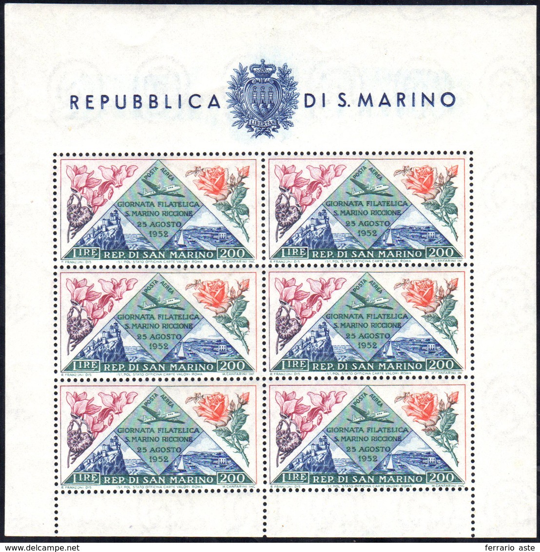 1952 - 200 Lire Fiori, Foglietto (14), Gomma Integra, Perfetto. Cert. E.Diena.... - Blocks & Sheetlets