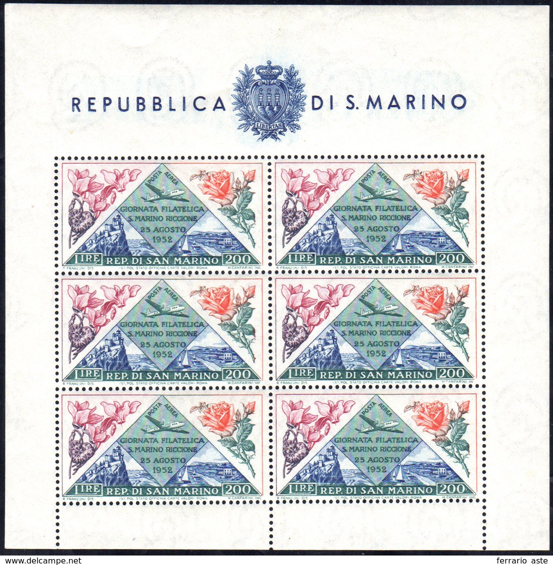 1952 - 200 Lire Fiori, Foglietto (14), Gomma Integra, Perfetto. Cert. E.Diena.... - Blokken & Velletjes