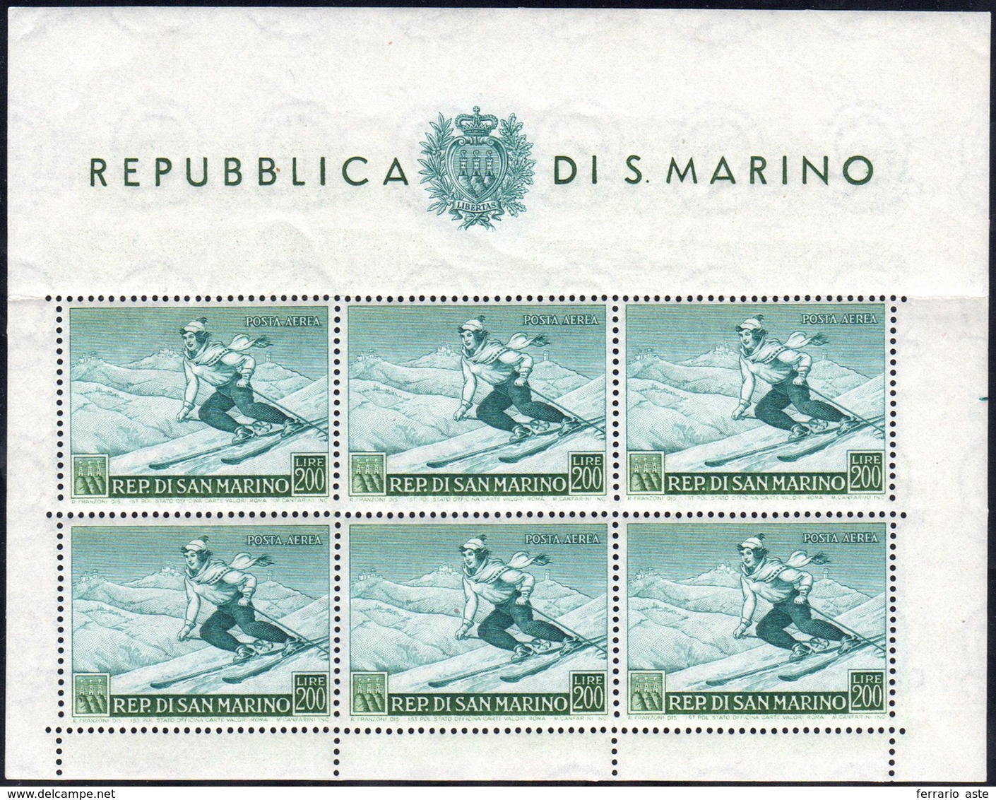 1953 - 200 Lire Sciatrice, Foglietto (15), Gomma Integra, Perfetto, Lieve Piega In Corrispondenza De... - Blocks & Sheetlets