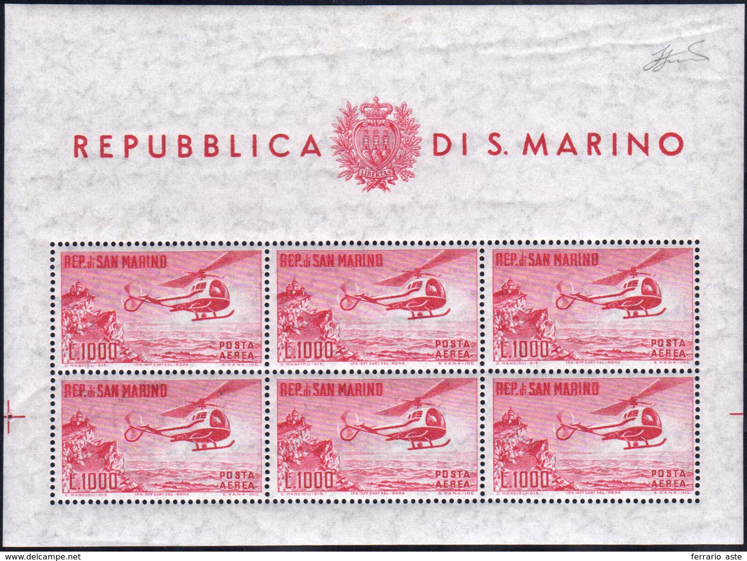 1961 - 1.000 Lire Elicottero, Foglietto (22), Gomma Integra, Perfetto. Ferrario.... - Blocks & Sheetlets