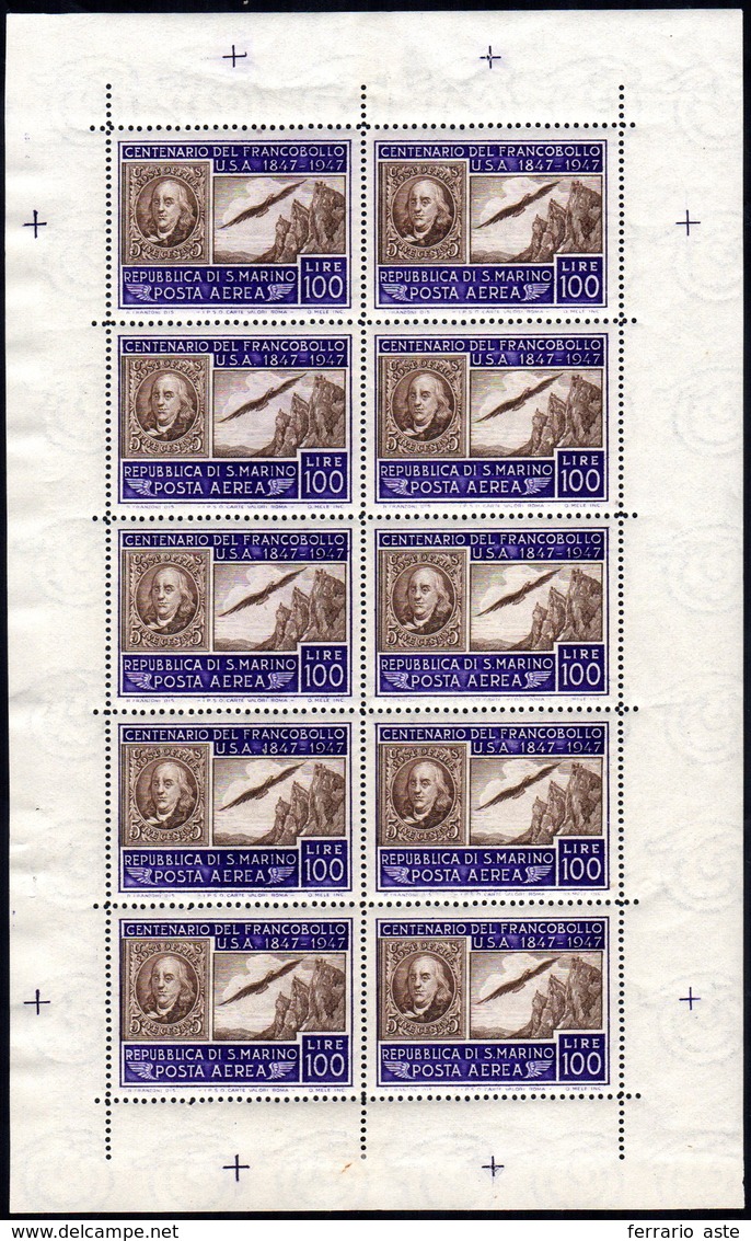 1947 - Centenario I Francobollo USA, Minifoglio (8), Non Piegato, Gomma Integra, Perfetto. Cert. Fer... - Blocks & Sheetlets
