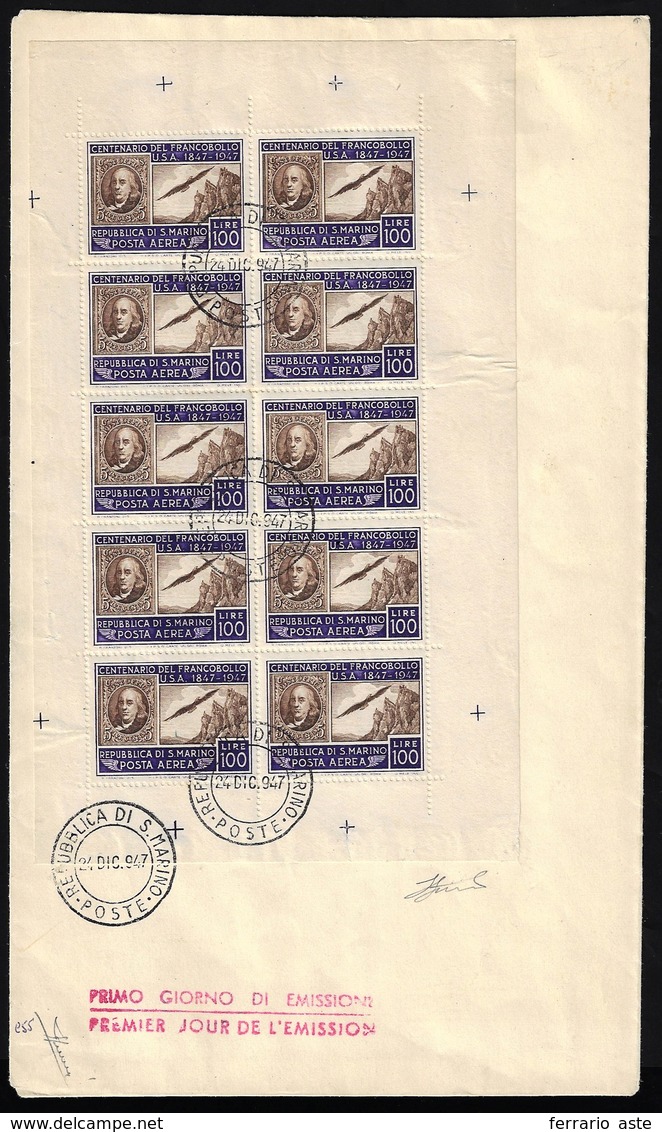 1947 - Centenario I Francobollo USA, Minifoglio (8), Perfetto, Usato Su Busta FDC Il 24/12/1947, Pri... - Blocks & Sheetlets
