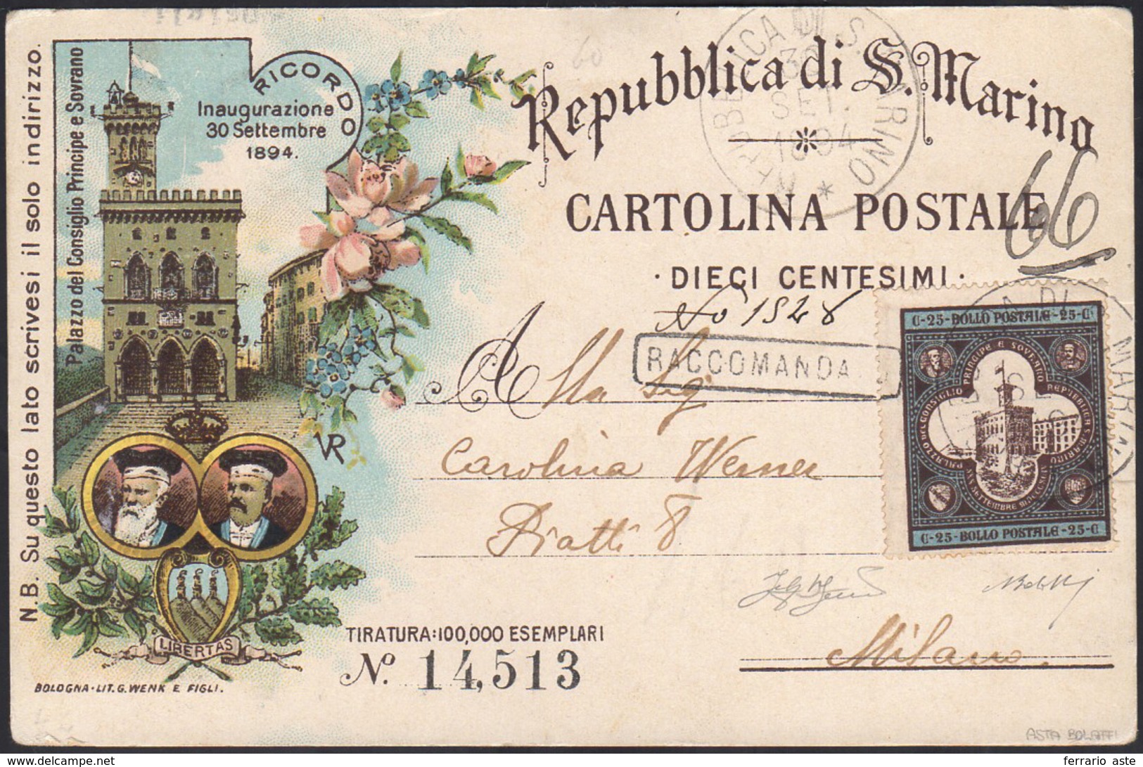 1894 - 10 Cent. Palazzo Del Consiglio, Cartolina Postale (Filagrano N. C6a), Perfetta, Con Affrancat... - Postal Stationery