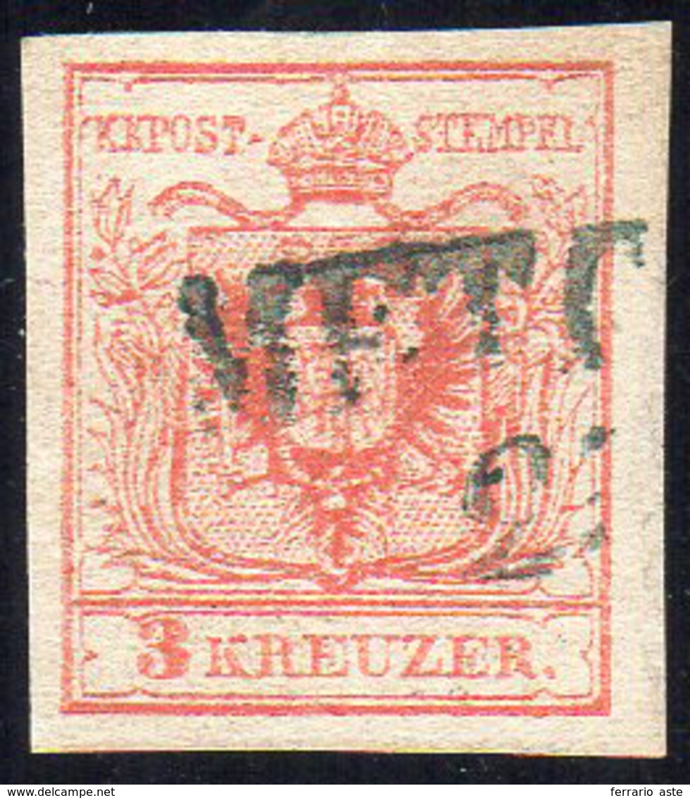 AUSTRIA 1850 - 3 K. Rosso, Carta A Macchina (3/I), Perfetto, Usato A Metcovich, Lineare Azzurrastro.... - Otros - Europa