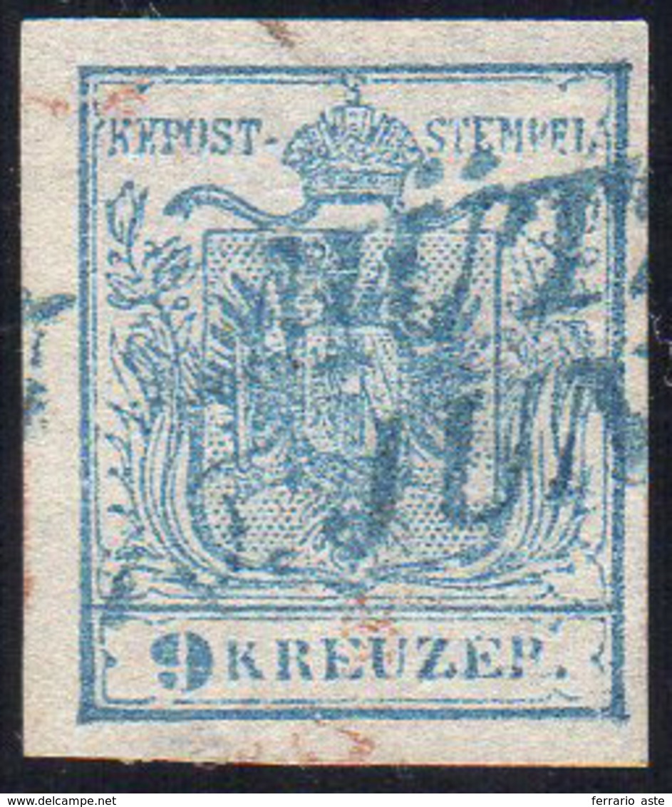AUSTRIA 1850 - 9 K. Azzurro, Carta A Mano (5), Lieve Assottigliamento, Usato Con Annullo Azzurro.... - Europe (Other)