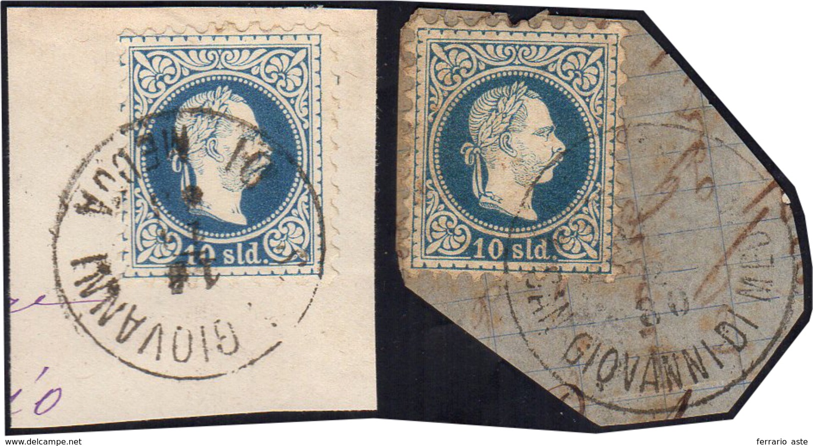 AUSTRIA 1867 - 10 K. Azzurro (35), Due Esemplari, Perfetti, Usati Su Atrettanti Frammenti A San Giov... - Europe (Other)