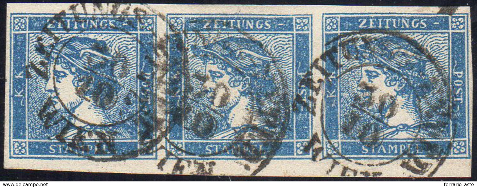 AUSTRIA FRANCOBOLLI PER GIORNALI 1851 - 0,6 K. Mercurio Azzurro, I Tipo (1), Striscia Di Tre, Perfet... - Europe (Other)