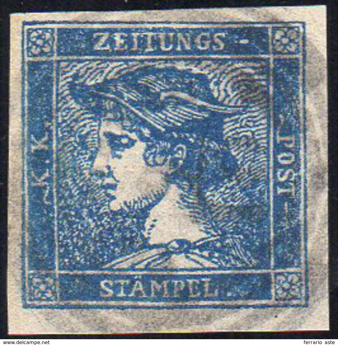 AUSTRIA FRANCOBOLLI PER GIORNALI 1851 - 0,6 K. Mercurio Azzurro, III Tipo (1b), Usato, Perfetto. Ray... - Europe (Other)