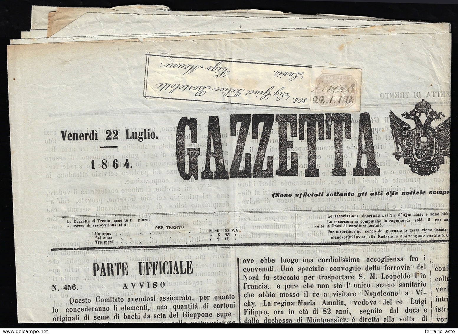 AUSTRIA FRANCOBOLLI PER GIORNALI 1864 - 10 Kr. Grigio Brunastro (11), Perfetto, Su Giornale Completo... - Europe (Other)