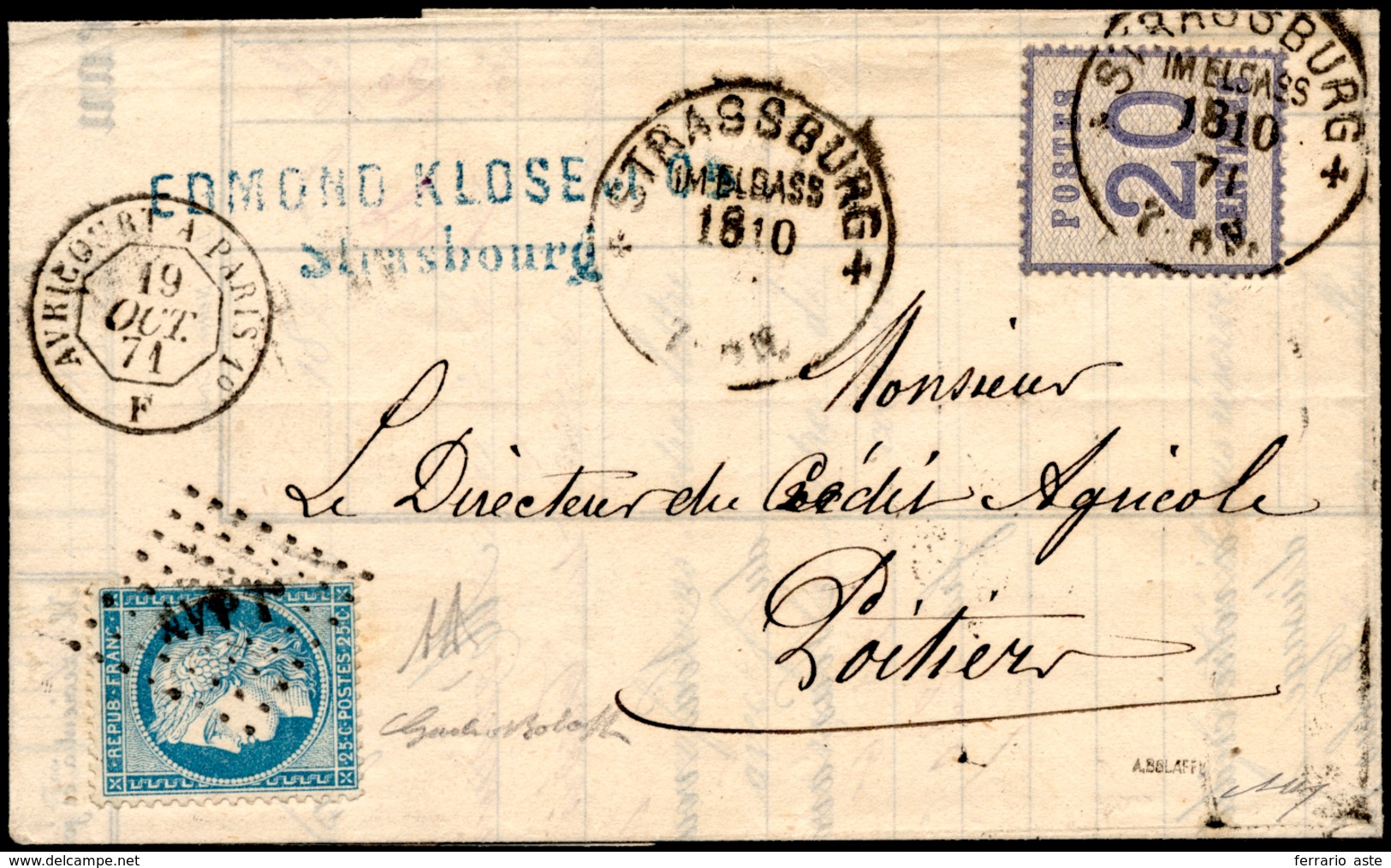 FRANCIA OCC. TEDESCA ALSAZIA E LORENA 1871 - 20 Cent. (6), In Affrancatura Mista Con 20 Cent. Di Fra... - Andere-Europa