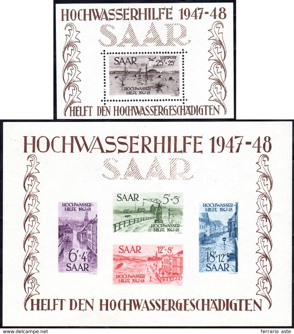 GERMANIA SARRE 1948 - Pro Inondati, I Due Foglietti (BF 1/2), Gomma Integra, Perfetti. Sorani.... - Europe (Other)