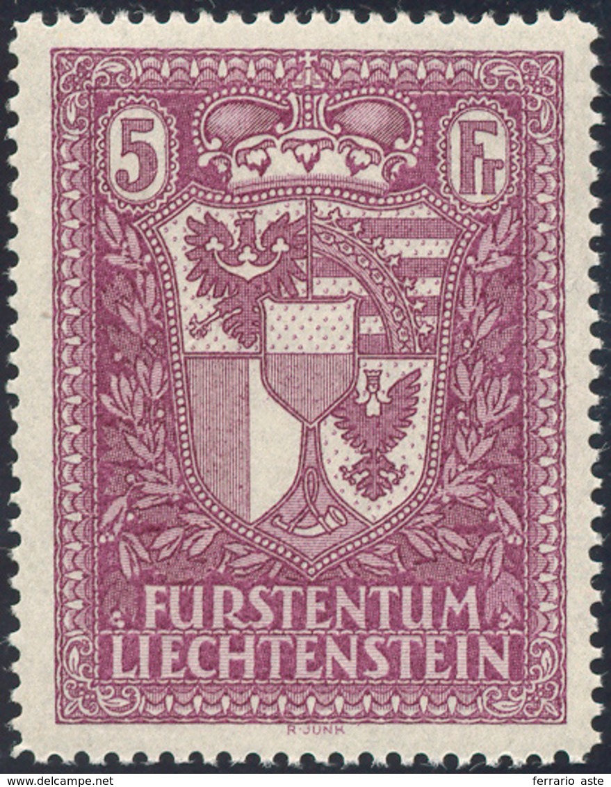 LIECHTENSTEIN 1935 - 5 Fr. Lilla Stemma (128), Gomma Originale Integra, Perfetto. Ferrario.... - Sonstige - Europa